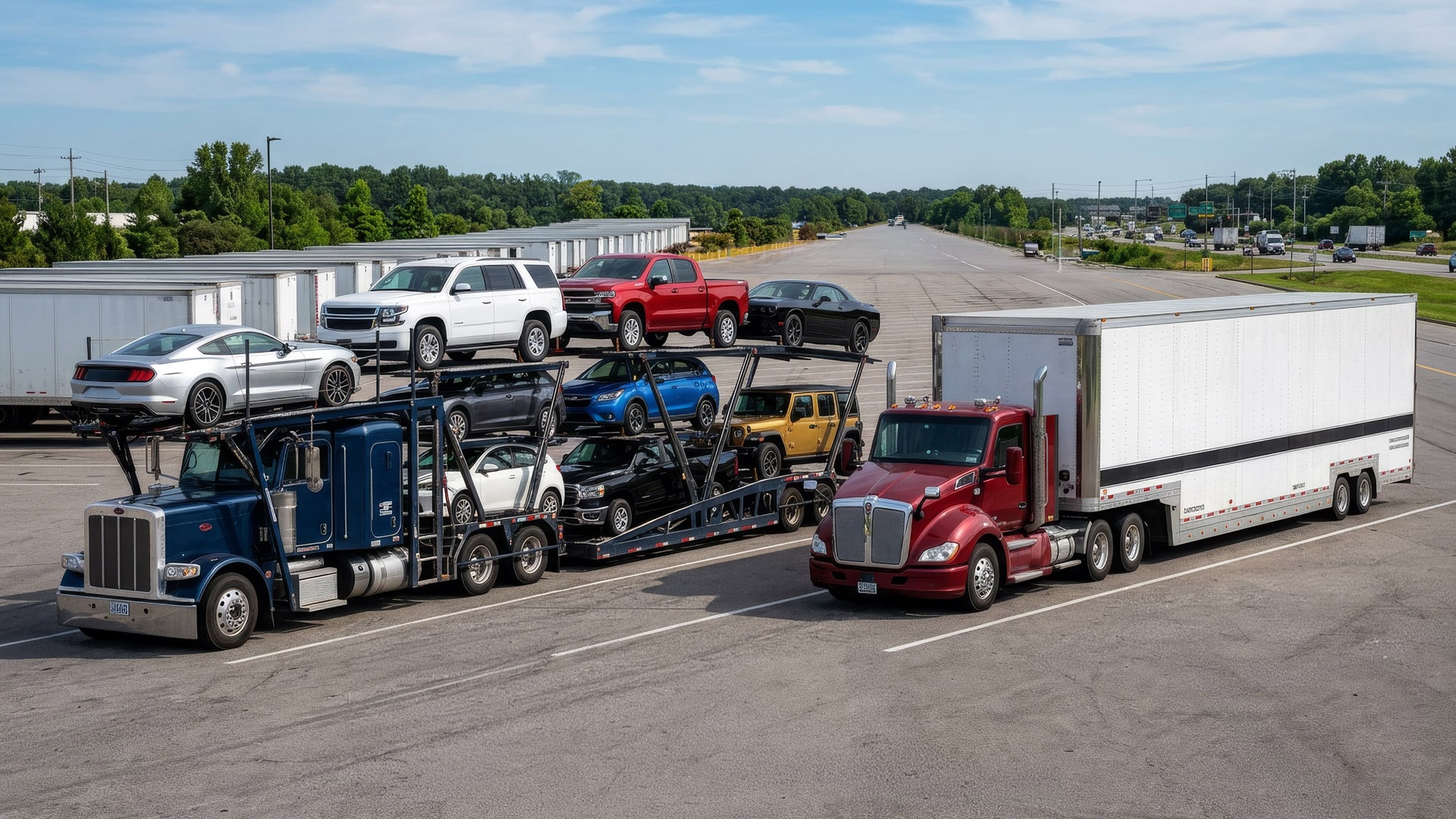 Open and enclosed car carriers hauling vehicles