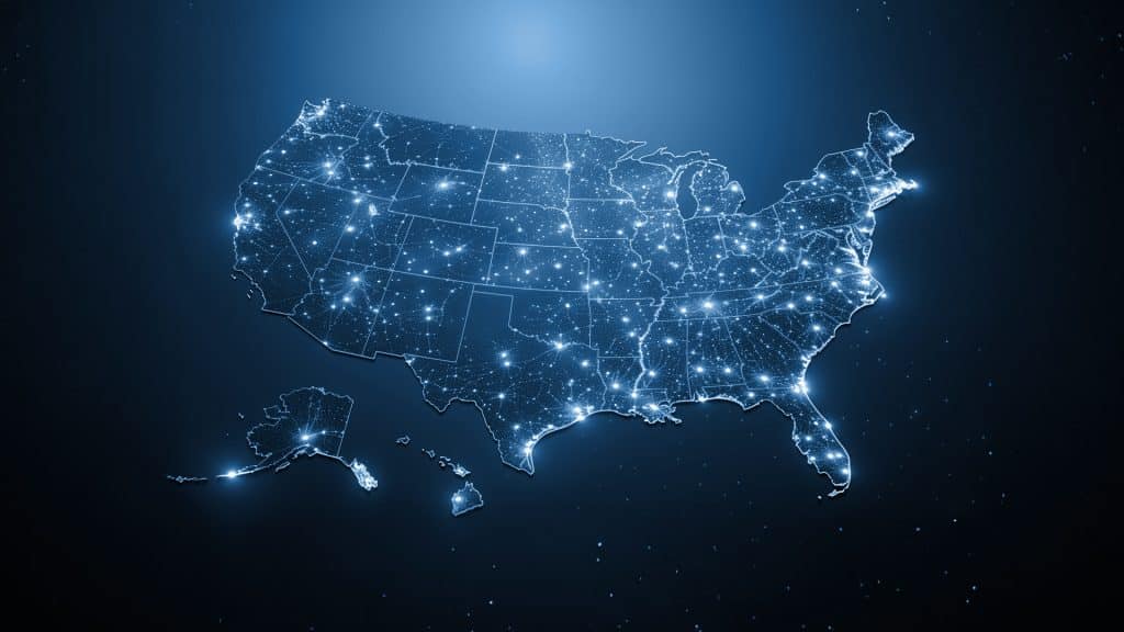 Map of the United States with glowing dots representing cities.