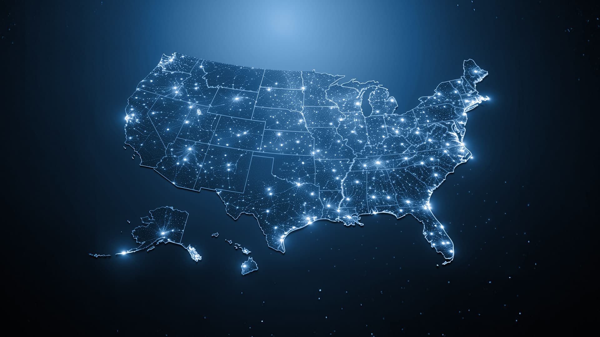 Map of the United States with glowing dots representing cities.