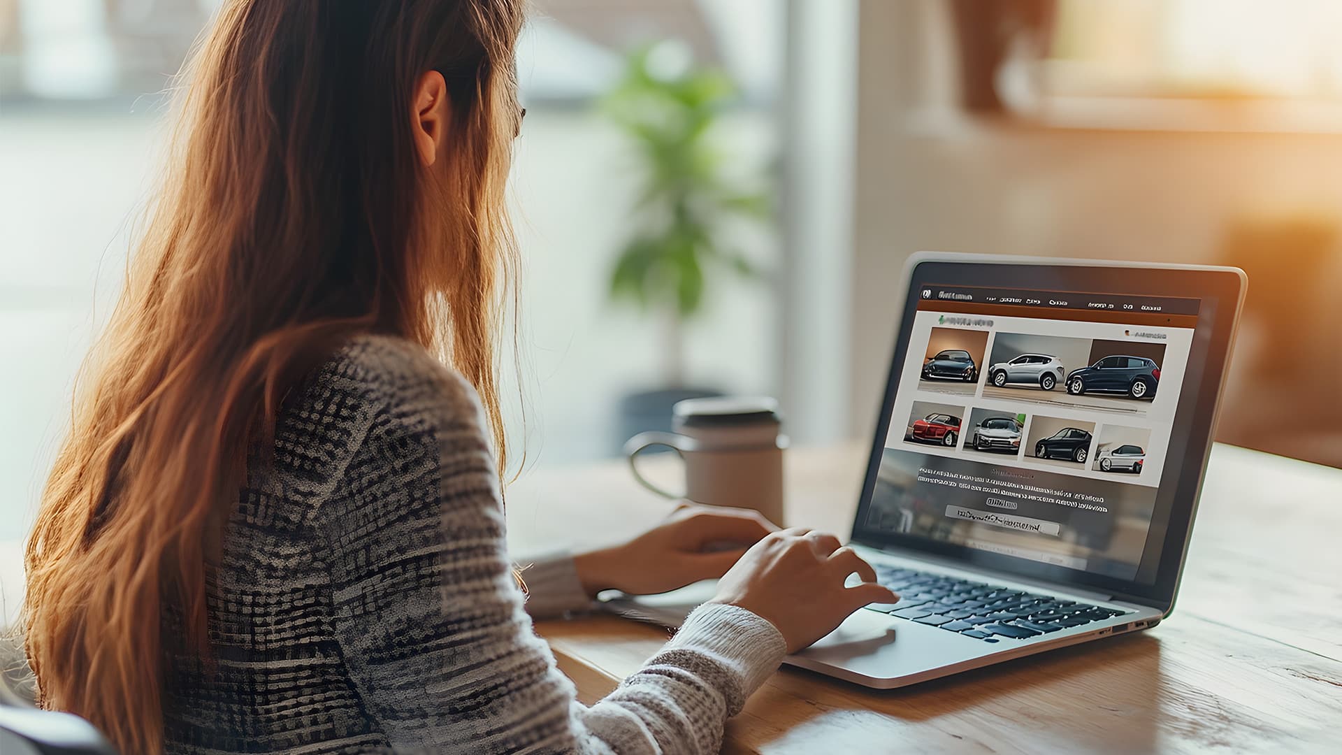 Woman browsing vehicles online on her laptop.