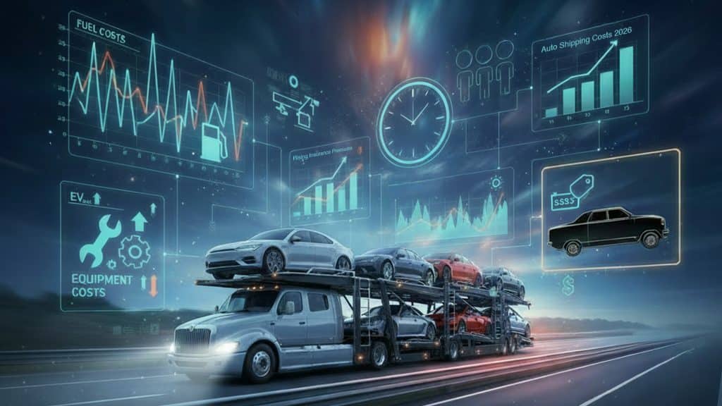 truck transporting car on a open trailer with digital background