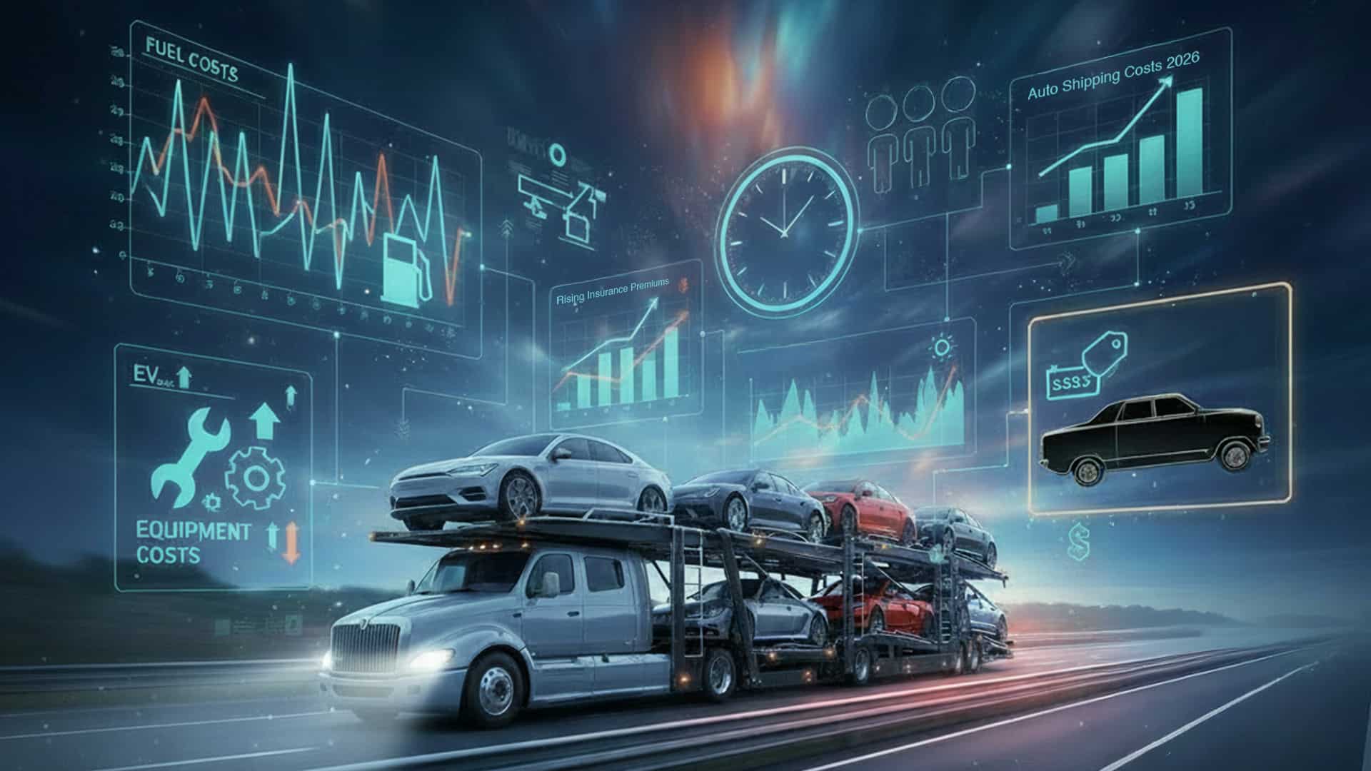 truck transporting car on a open trailer with digital background