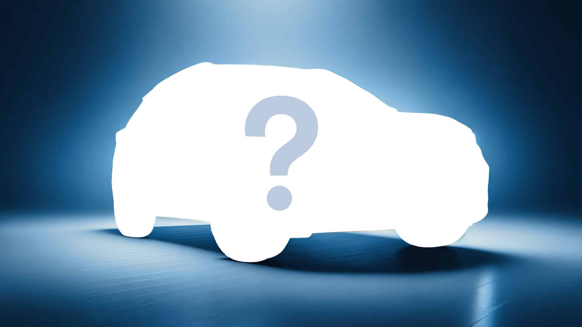 Silhouette of a car with a question mark at the center, set against a blue spotlighted background, creating a mysterious and intriguing tone.