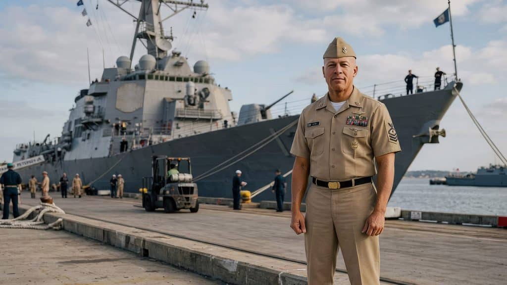Navy officer in front of ship.