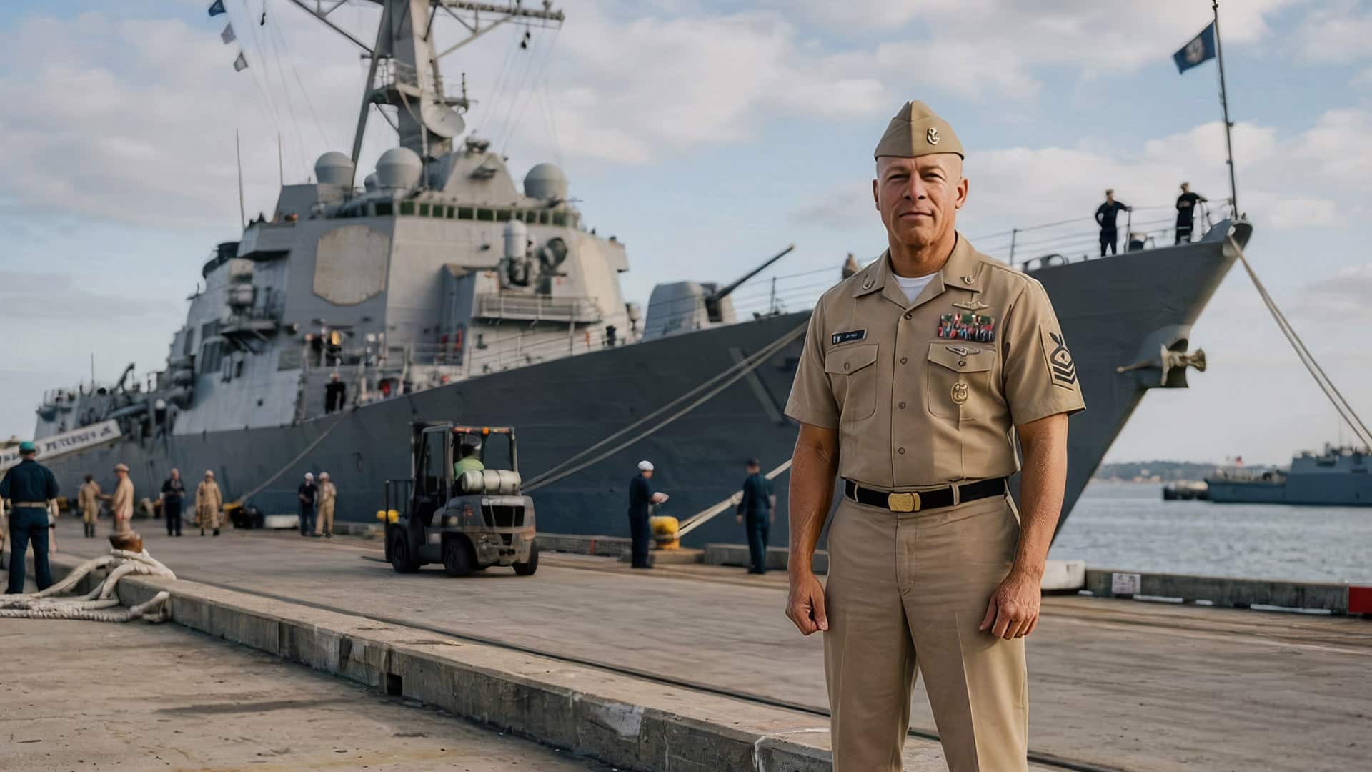 Navy officer in front of ship.