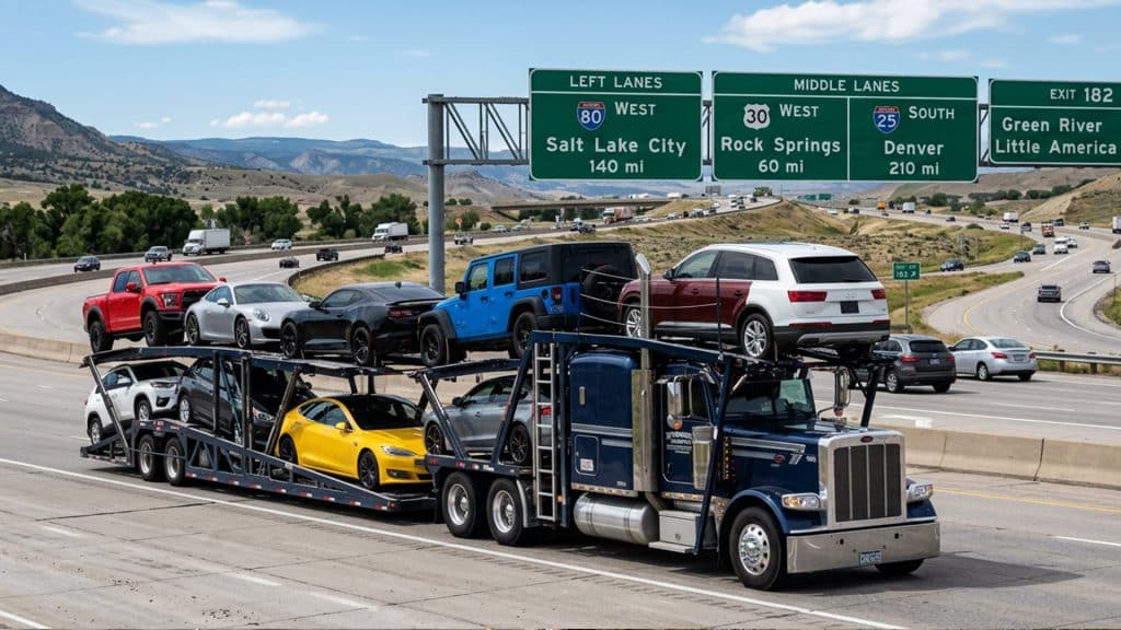 Full open car carrier on popular car shipping route.